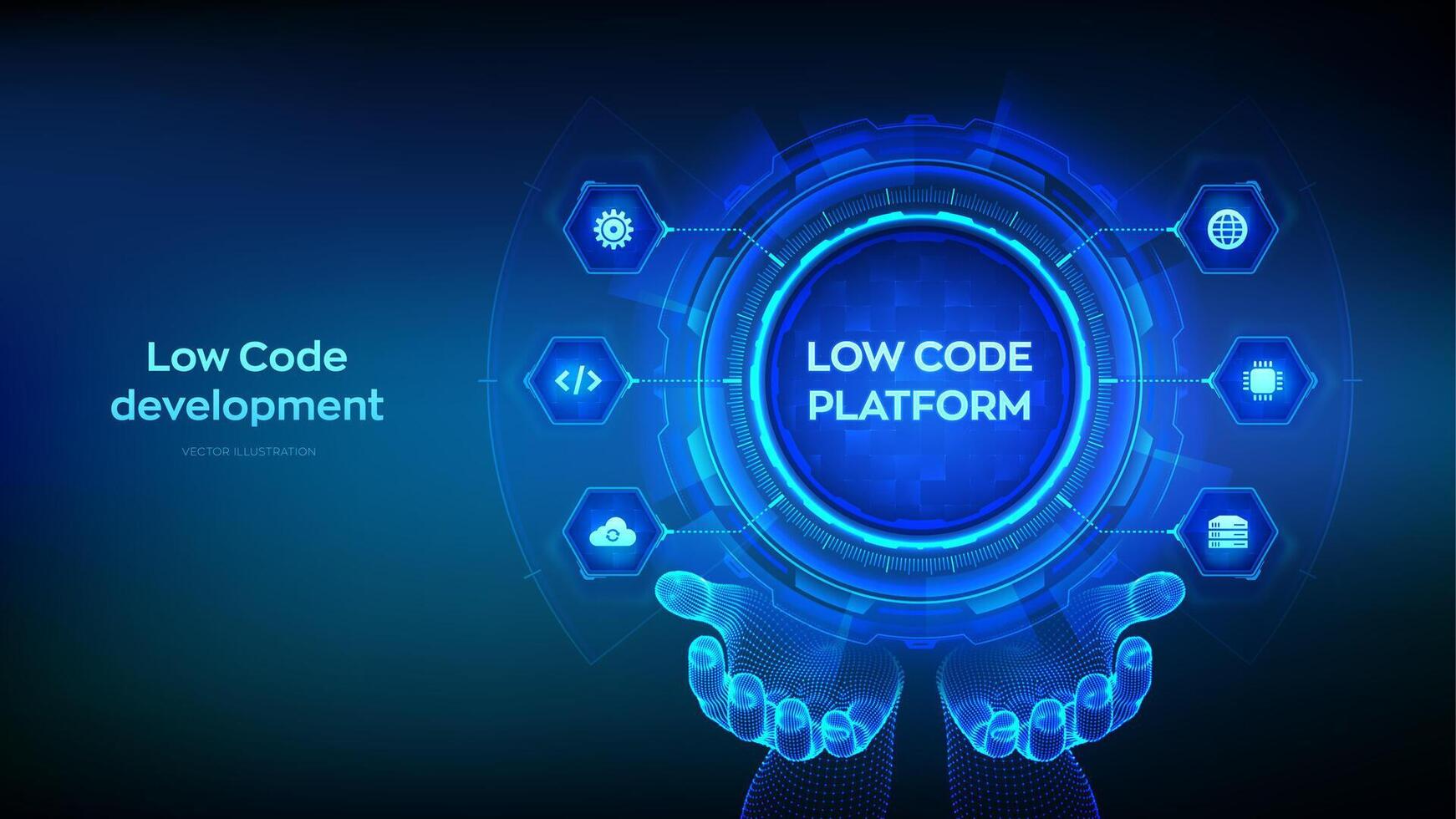 laag code platform en Nee code ontwikkeling technologie concept in wireframe handen. lcdp en ncdp - software ontwikkeling gebruik makend van grafisch interfaces. vector illustratie.