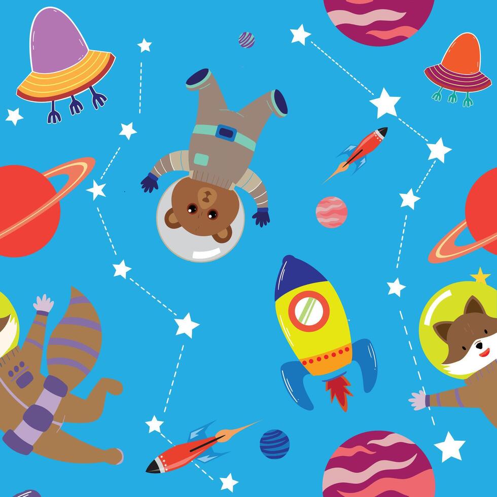 dieren in ruimte. naadloos patroon ruimte team schattig dieren, astronauten in ruimte pakken, sterrenhemel universum behang kinderen afdrukken vector textuur. beer en wasbeer, tussen planeten