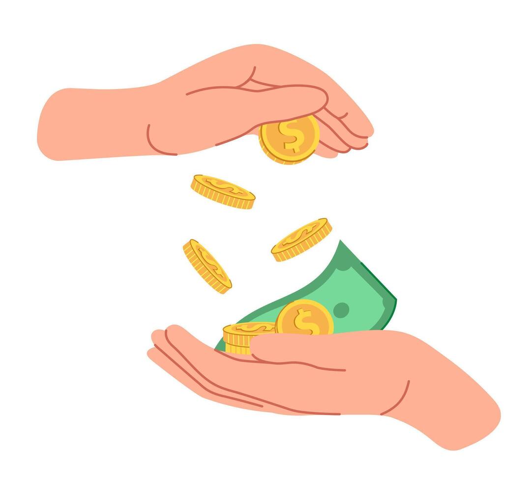 zetten geld van hand- naar hand. doneren, lenen, lenen geld. concept van financieel geletterdheid. illustratie geïsoleerd Aan wit achtergrond. vector