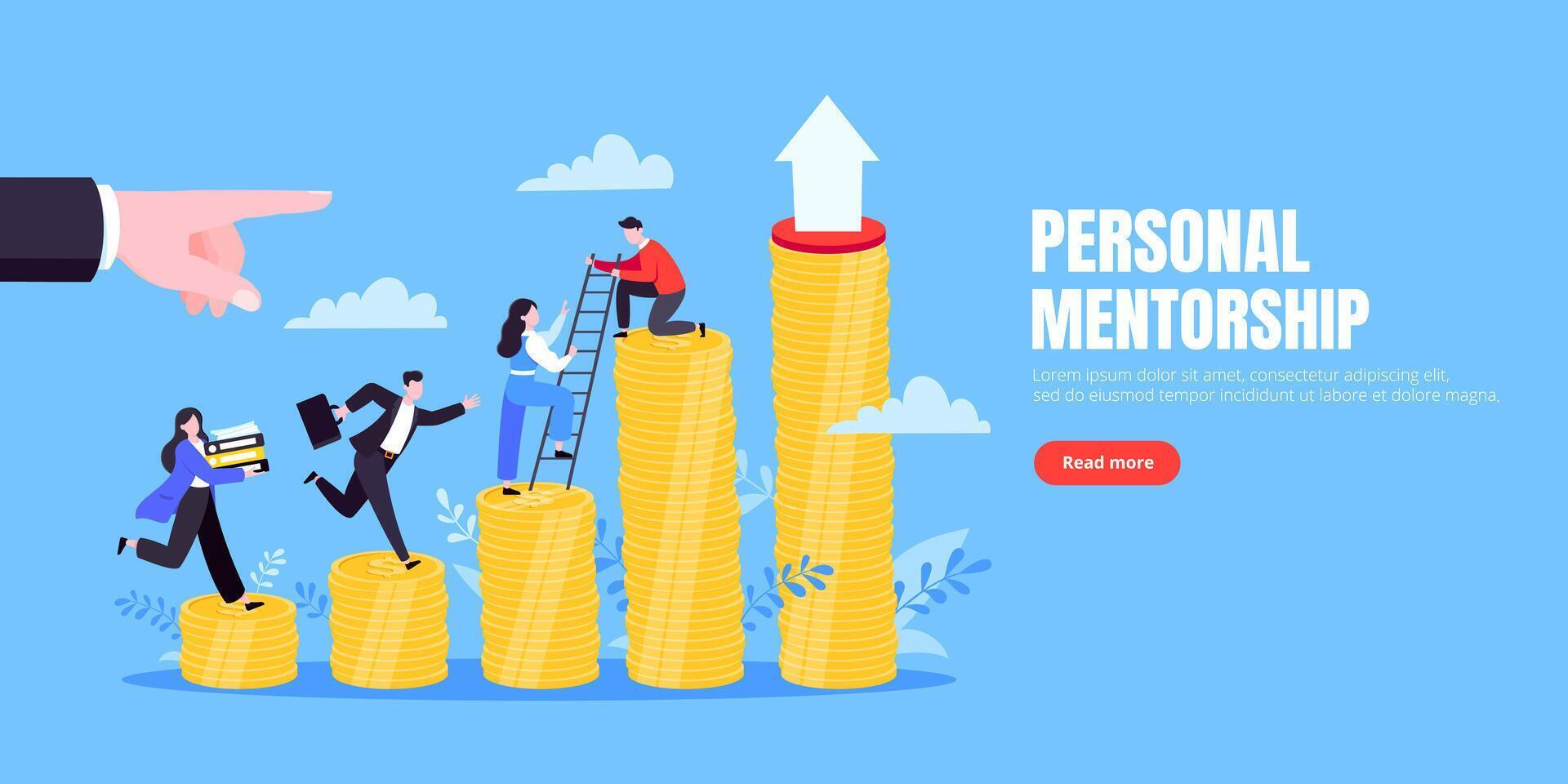 bedrijf mentor helpt verbeteren carrière en geld stapels groeien. hij houdt trap stappen vector illustratie.