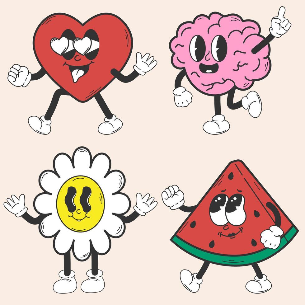 grappig tekenfilm karakter watermeloen, brein, madeliefje, hart. retro tekenfilm. kan worden gebruikt net zo een poster, sticker. wijnoogst stijl. emoties. vector