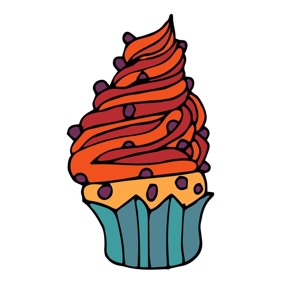 kleurrijke doodle cupcake met rozijnen geïsoleerd op een witte achtergrond. vector