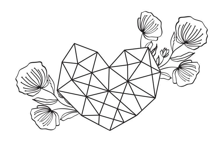 Grafische floral geometrie liefde hart frame. Vector bladeren en bloemen in schattig vignet geïsoleerd op zwarte achtergrond. Bruiloft, St. Valentijnsdag decoraties