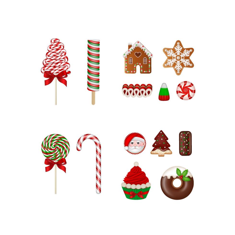 set kerstsnoepjes. geïsoleerde lolly's, snoepjes, chocolaatjes, koekjes en cakes vector
