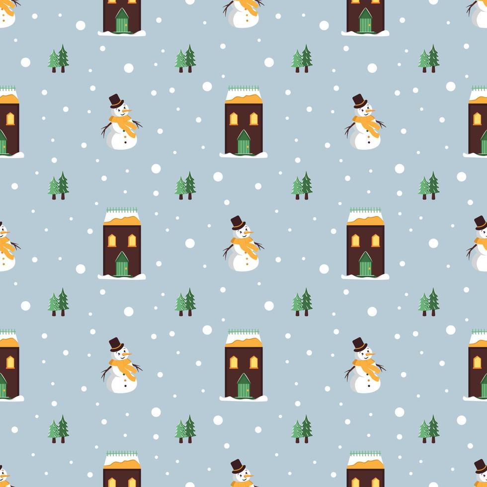 naadloos patroon met feestelijke kersthuizen, sneeuwpop, bomen en sneeuwvlokken op blauwe achtergrond. heldere print voor het nieuwe jaar en de wintervakantie voor inpakpapier, textiel en design. vector