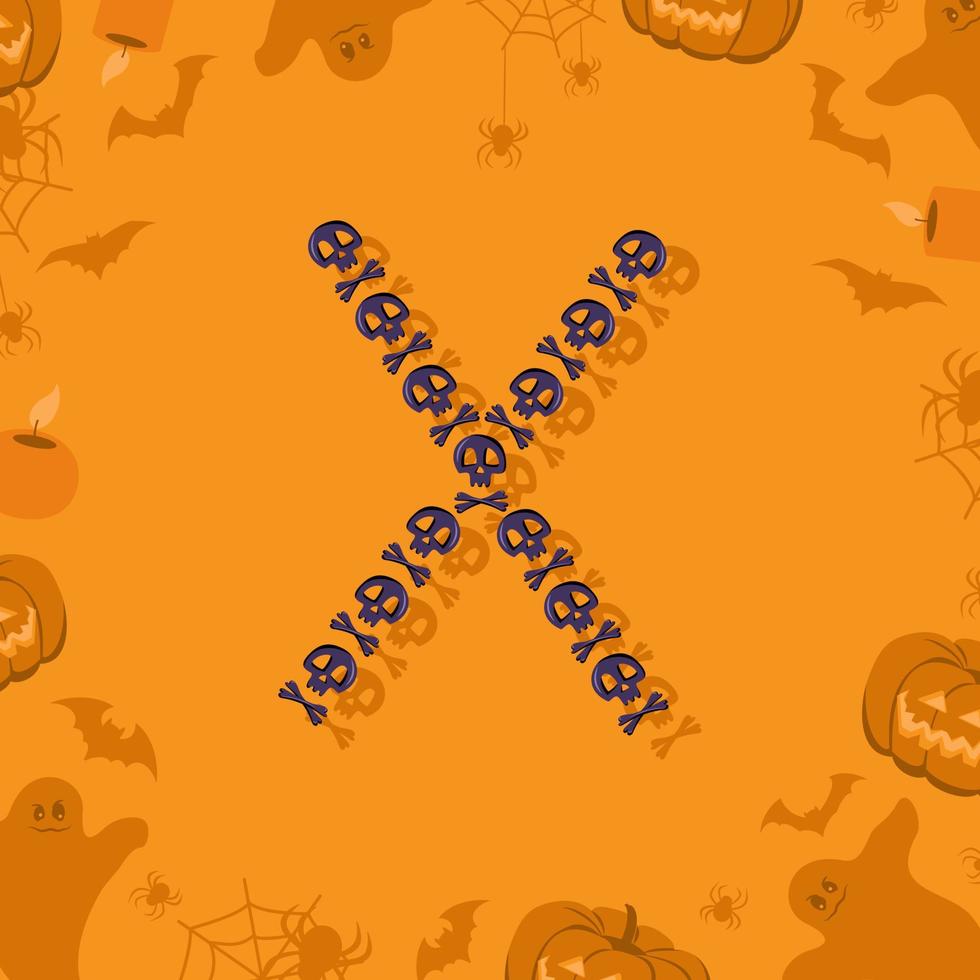 halloween letter x van schedels en gekruiste knekels voor ontwerp. feestelijk lettertype voor vakantie en feest op oranje achtergrond met pompoenen, spinnen, vleermuizen en spoken vector