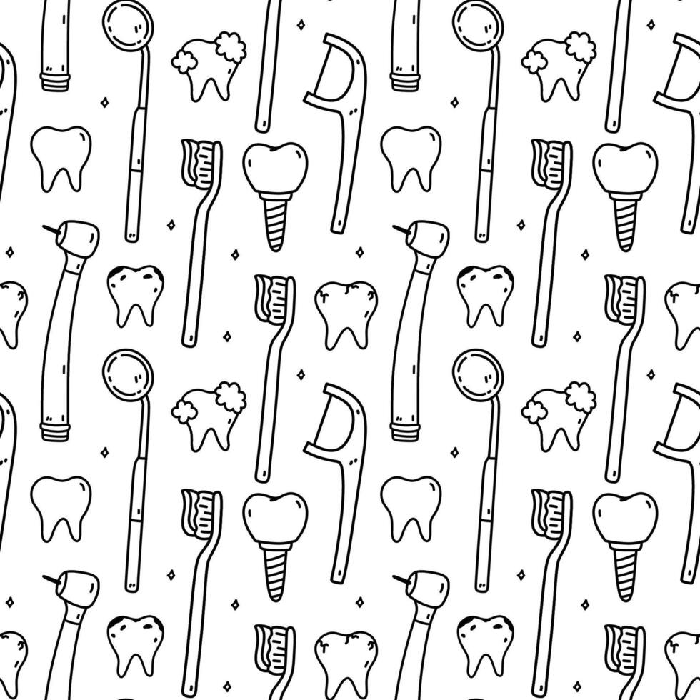 naadloos patroon met tandheelkundig items - tandheelkundig flossen, tandenborstel, tanden, implantaten, tandheelkundig boren en spiegel. mondeling hygiëne. vector hand getekend tekening illustratie. perfect voor afdrukken, behang, decoraties.