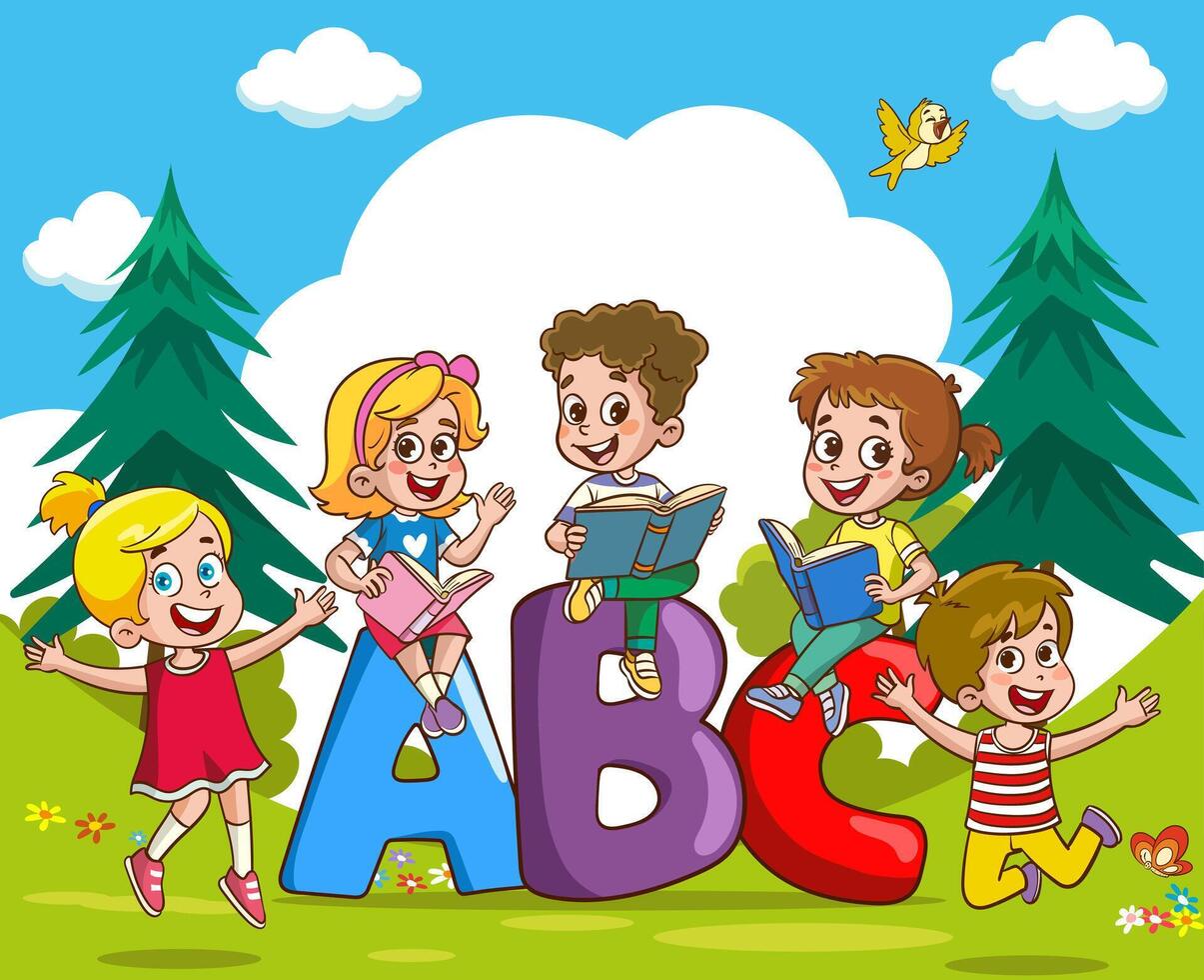 doopvont ontwerp voor woord abc met kinderen spelen in de park vector illustratie