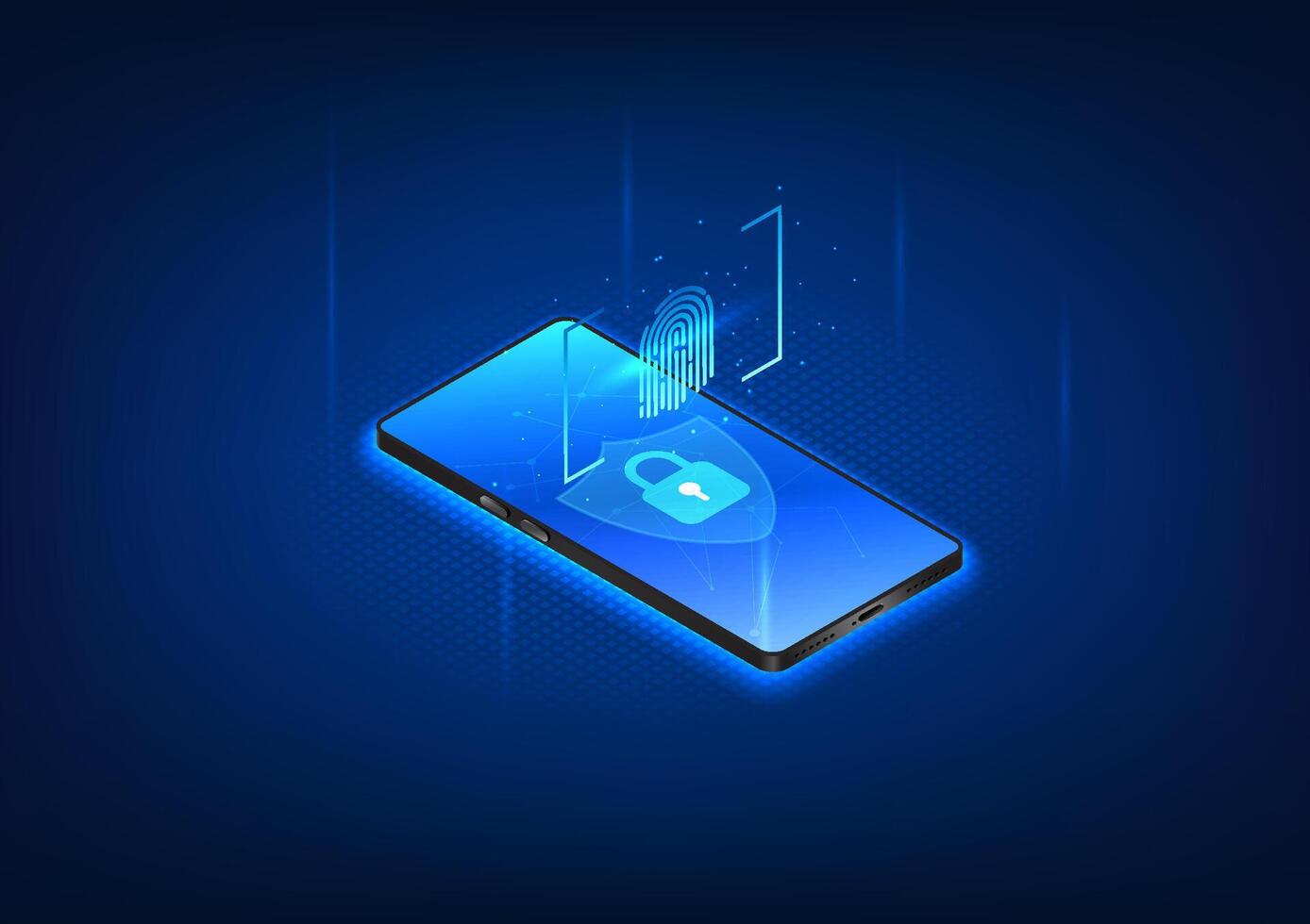 cyberveiligheid technologie smartphones met scherm veiligheid hebben een vingerafdruk scannen op slot doen. mobiel telefoon dat beschermt tegen diefstal en cyber diefstal, isometrische illustratie vector illustratie