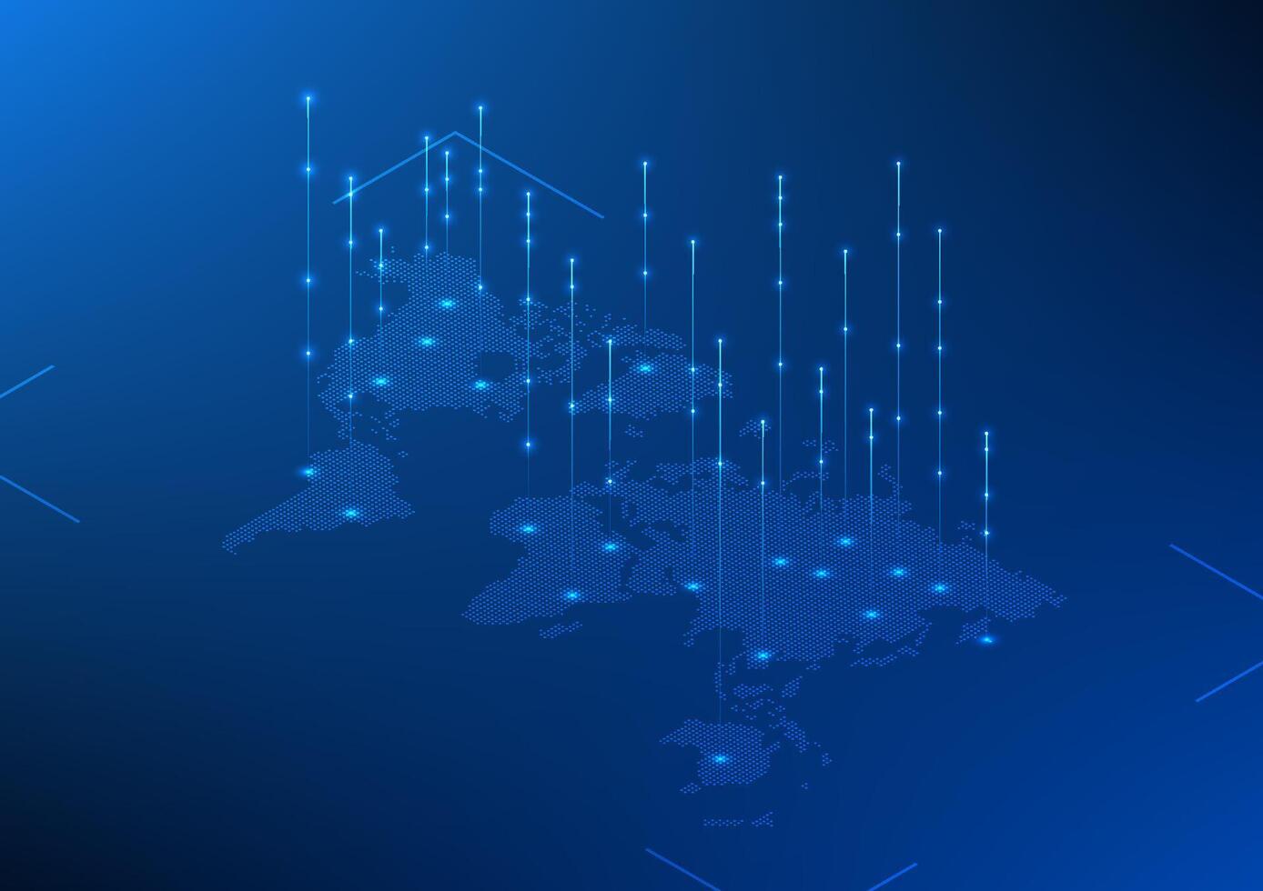 wereld kaart technologie achtergrond met stijgende lijn digitaal gegevens lijnen. shows de verbinding van de internet netwerk dat kan sturen en te ontvangen cyber gegevens allemaal over- de wereld.isometrisch beeld centrum illustratie vector