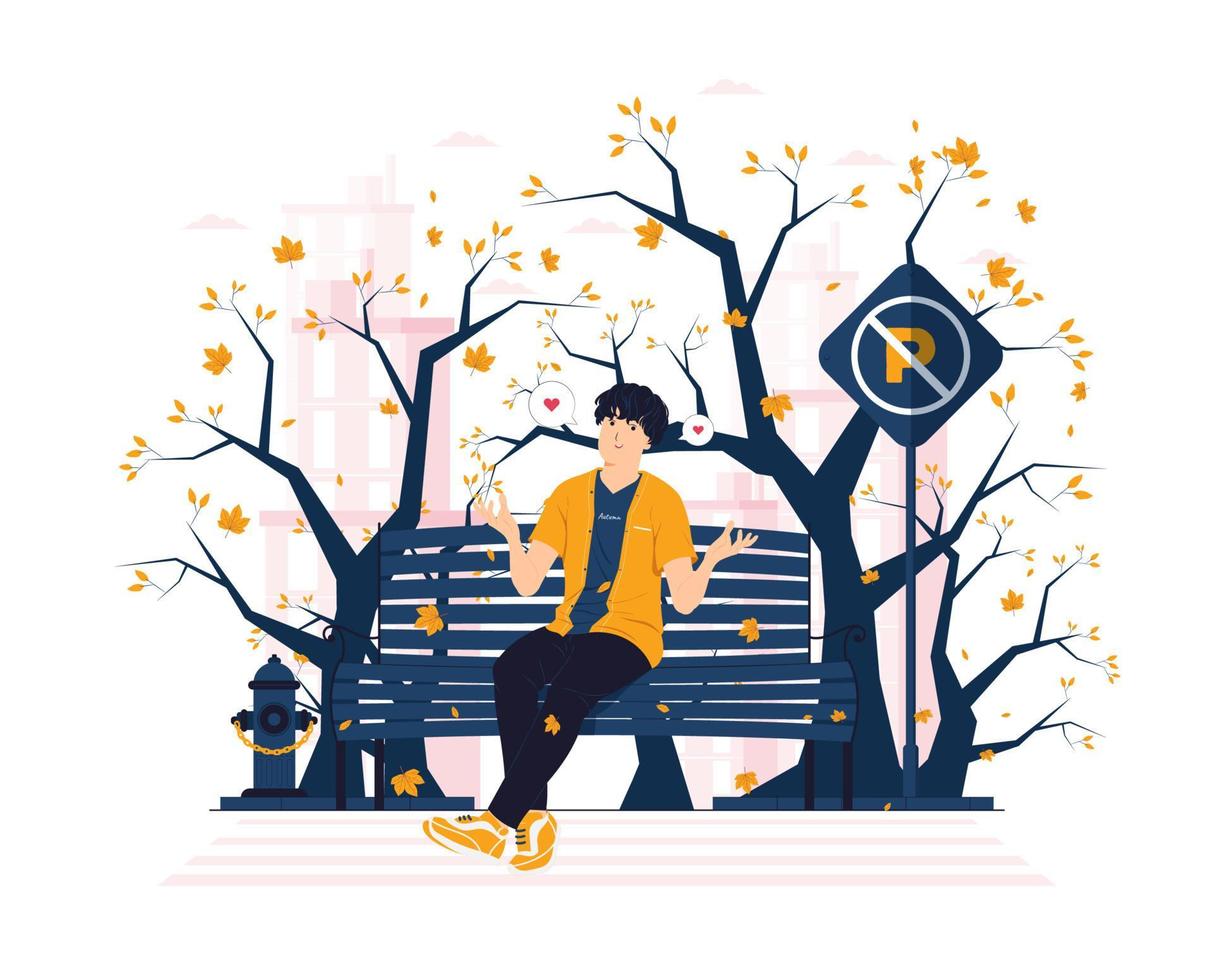 man die een vallend blad vangt terwijl hij op een parkstoel zit op een herfstdag concept illustratie vector