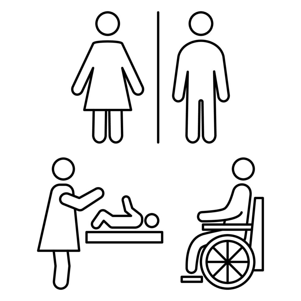 toilet pictogrammen. man, vrouw, rolstoelpersoon symbool en baby verschonen. man, vrouw, handicap toilet teken. wc lijn pictogrammen. bewerkbare streek vector