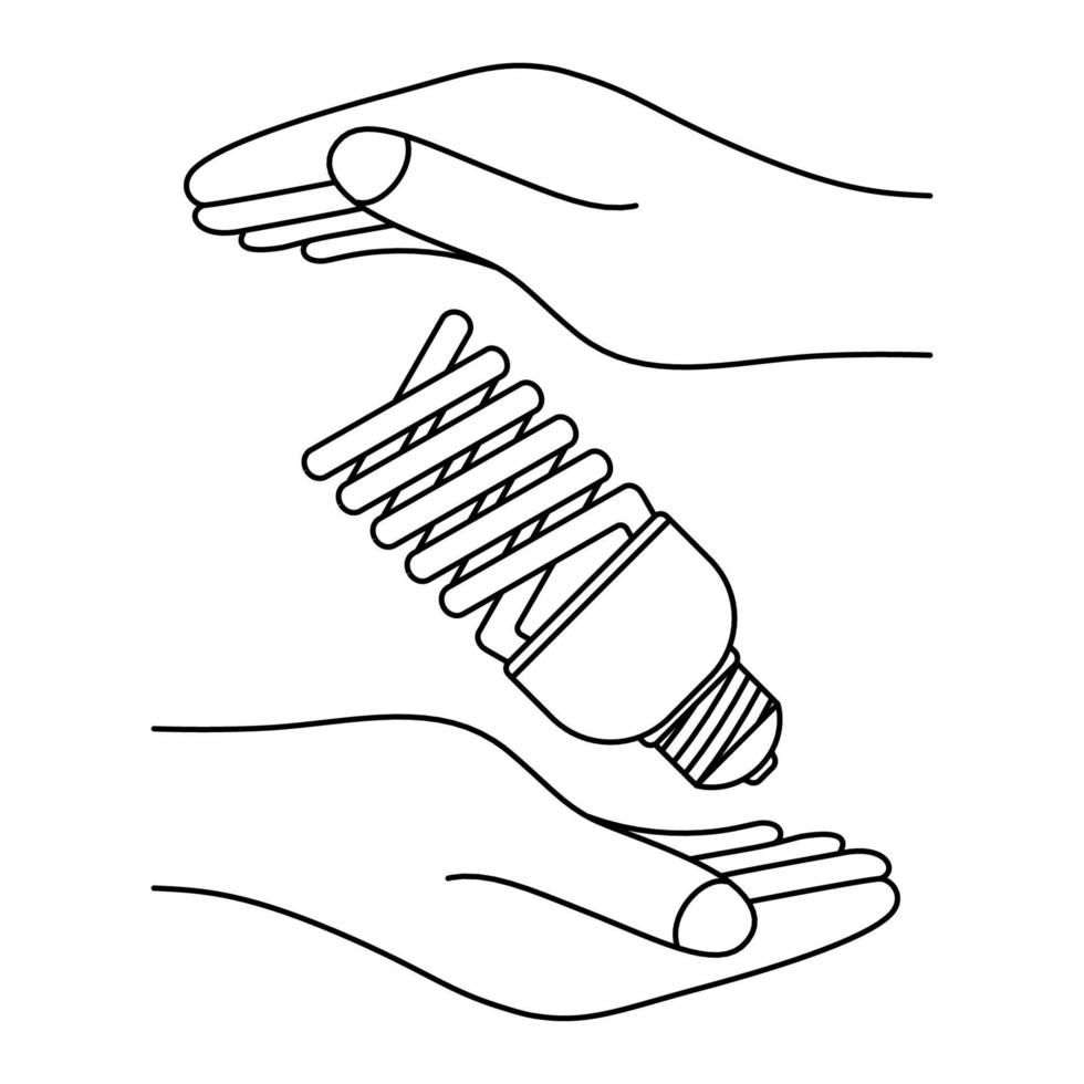 energiebesparende TL-lamp icoon. concept van ideeën, inspiratie, effectief denken. gloeilamp tussen twee menselijke handen als een symbool van ideeën. creatief problemen oplossen. vector