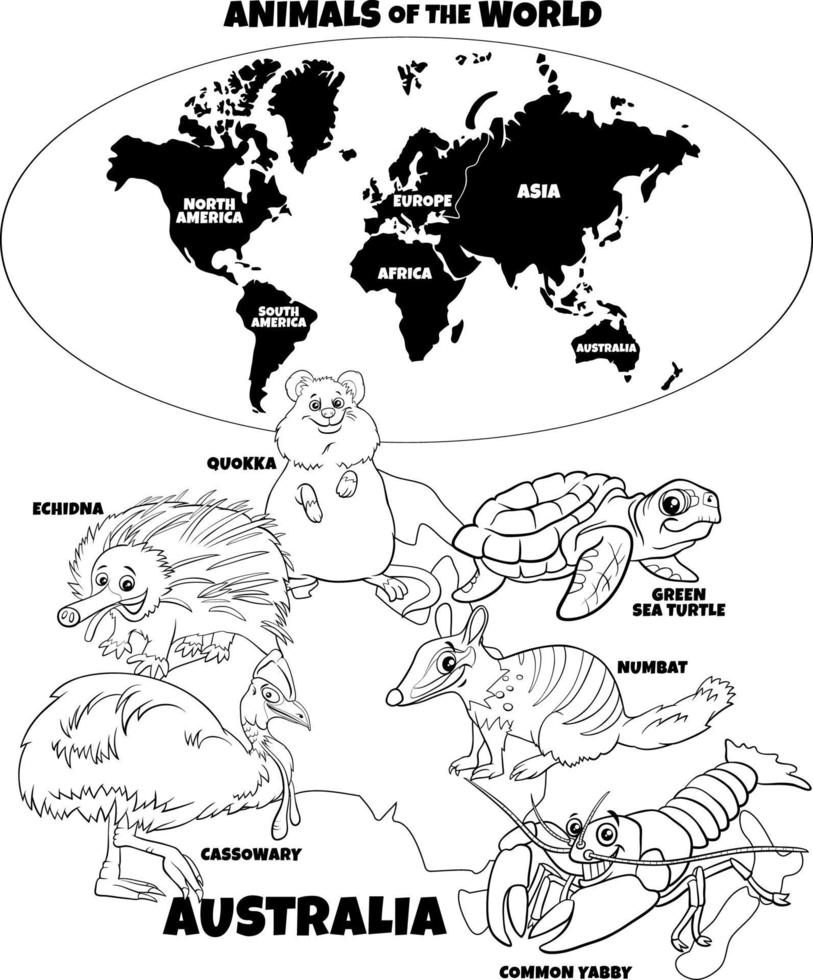 educatieve illustratie met kleurenboekpagina van Australische dieren vector