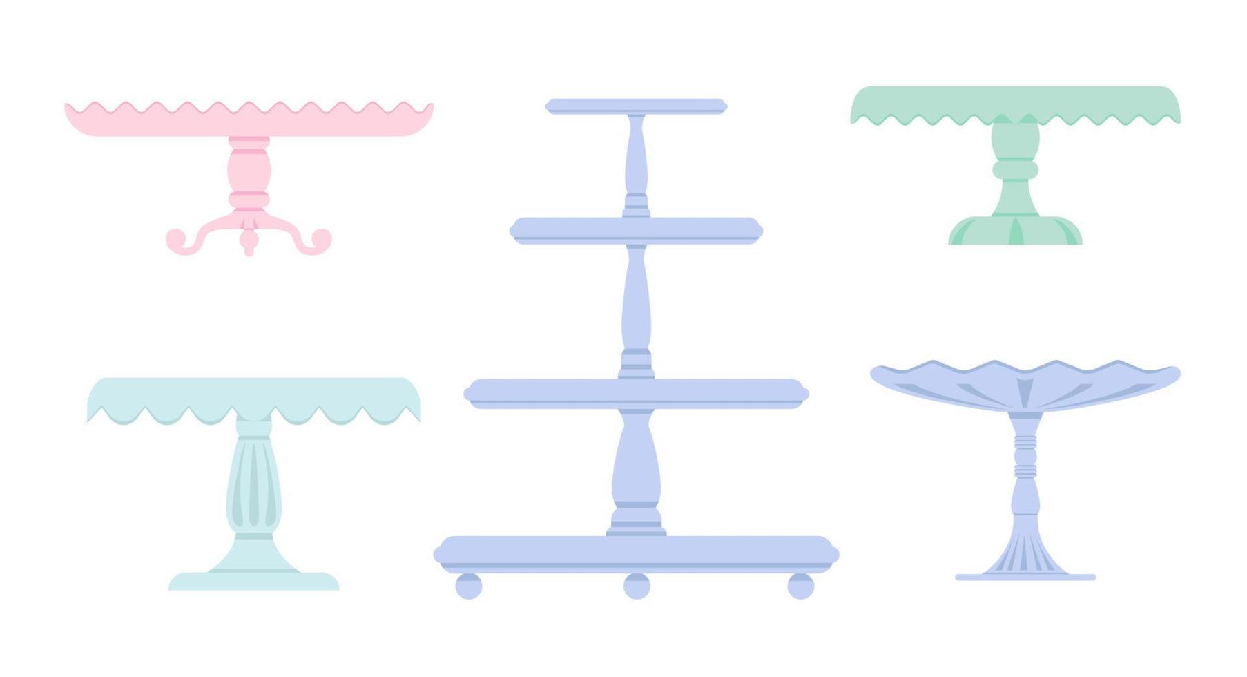 set cake stands in platte pictogramstijl. lege bakjes voor fruit en desserts. vectorillustratie. vector