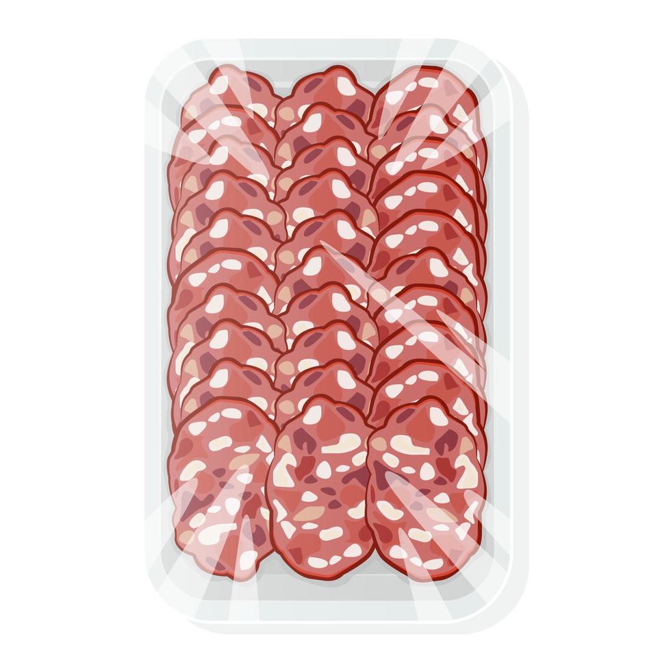 gesneden worst in een plastic bakje. salami in vacuümverpakking. vectorillustratie. vector