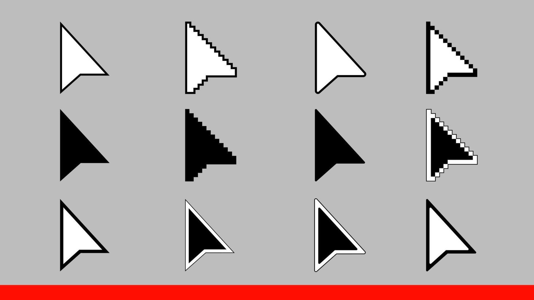12 zwarte en witte pijl pixel en geen pixel muis cursors pictogrammen tekenen vector illustratie set vlakke stijl ontwerp geïsoleerd op een grijze achtergrond.