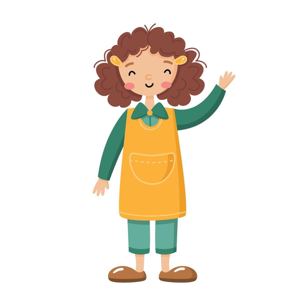 lachend krullend meisje in schort. schattige vrouwelijke boer of verkoper van voedselmarkt. platte vectorillustratie in cartoon-stijl. vector