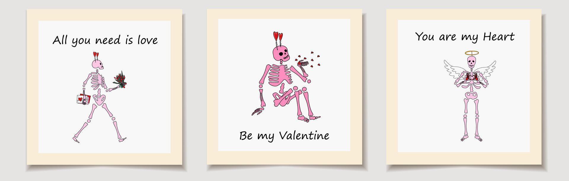 reeks van Valentijnsdag dag kaarten met skelet met decor voor Valentijnsdag dag. liefde, Valentijnsdag dag vector