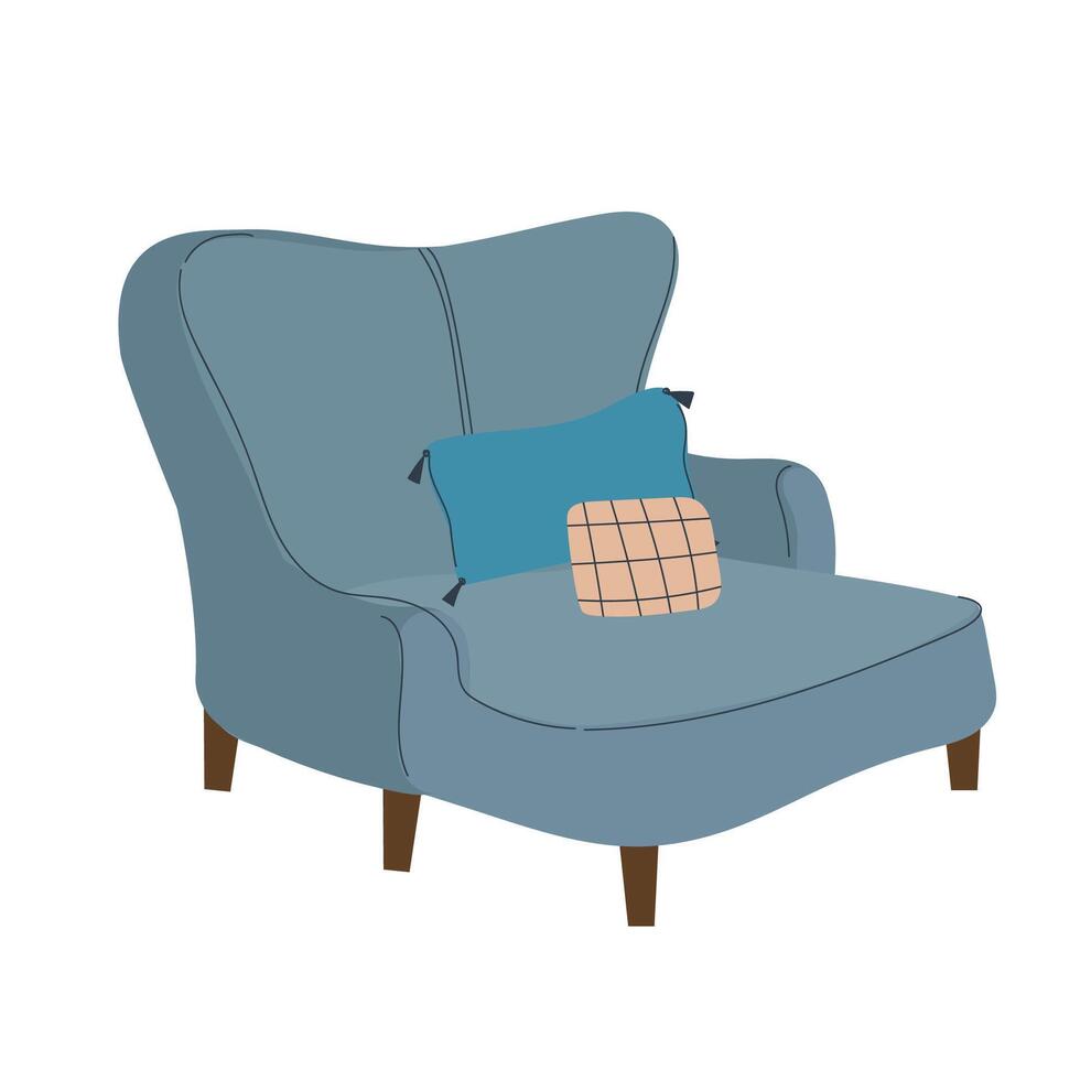 knus groot comfortabel blauw fauteuil met houten poten. vector
