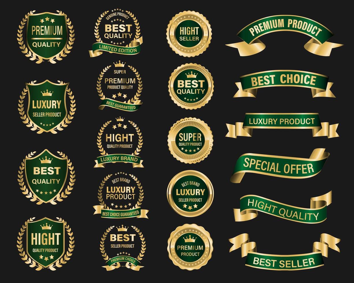 gouden groen luxe premie kwaliteit etiket badges Aan grijs achtergrond vector