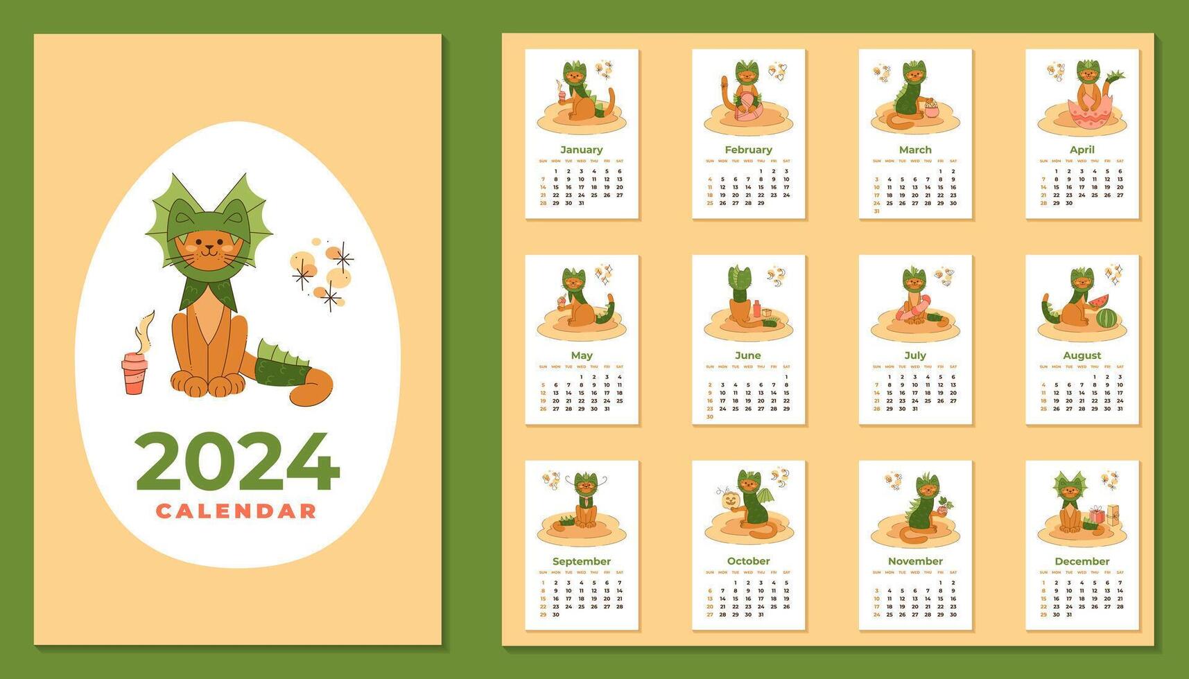 kalender2024. Hoes en lakens met schattig kat in een draak kostuum net zo een symbool van de jaar in engels. tekenfilm vector illustratie.