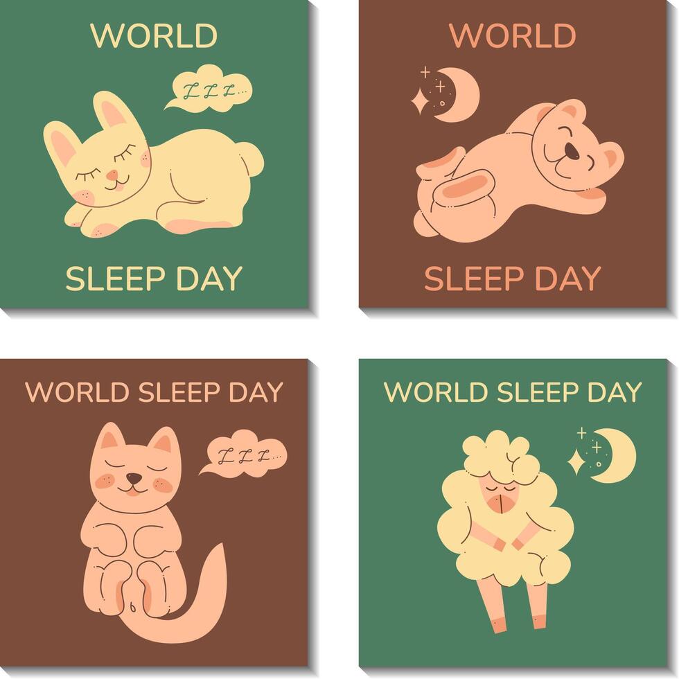 reeks met vier schattig dier tekens Aan wereld slaap dag. kon worden een sjabloon voor een instagram na. vector