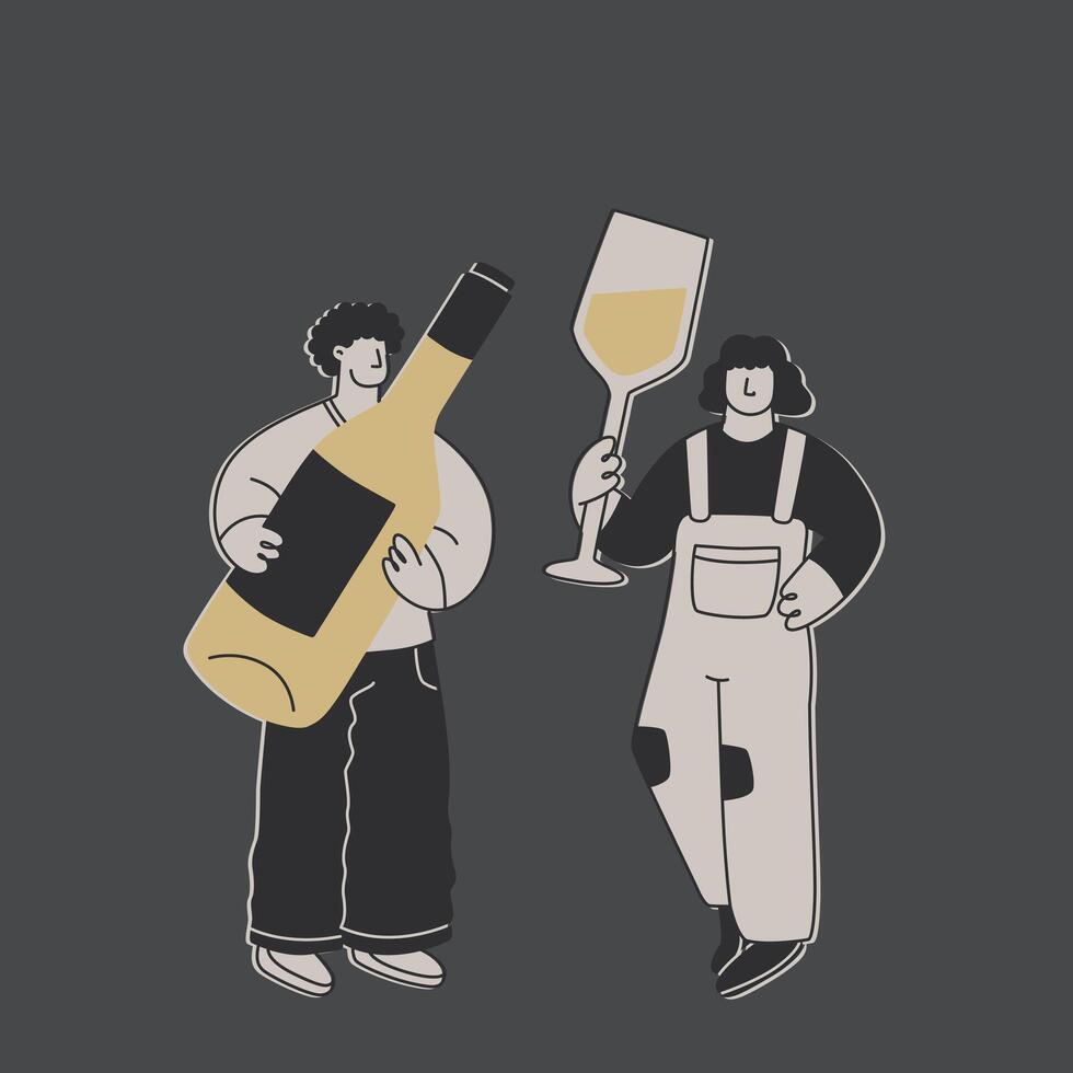 schattig Mens en vrouw met een reusachtig fles van wit wijn en een reusachtig glas. grappig overdreven tekens voor ontwerp Aan de thema van wijn of alcoholisch dranken. vector vlak illustratie.