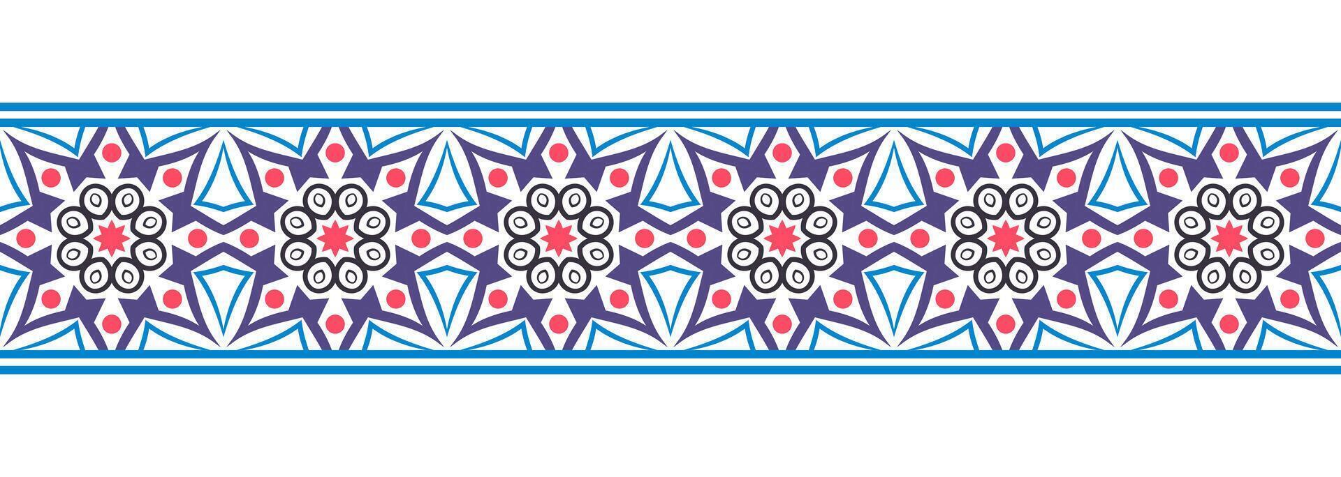 grens lijn naadloos achtergrond. decoratief ontwerp naadloos sier- mozaïek- grens patroon. islamitisch, Indisch, Arabisch motieven. abstract bloem. vector illustratie