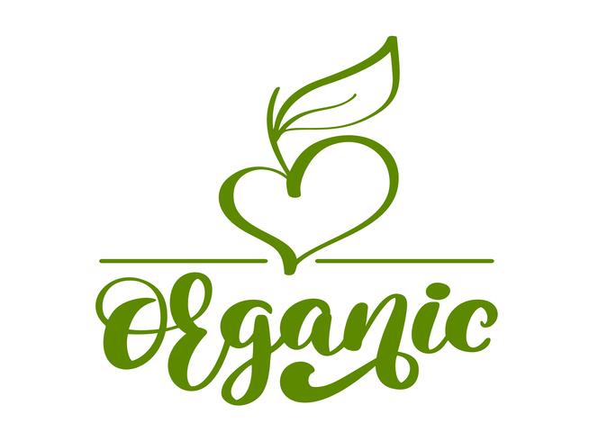 Van het het embleemmalplaatje van de veganist de groene organische aard vector van het de ontwerpkalligrafie, voedselontwerp. Handgeschreven letters voor restaurant, café rauw menu. Elementen voor labels, logo&#39;s, badges, stickers of pictogrammen