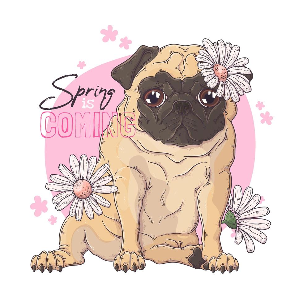 hand getekend portret van de pug hond met bloemen vector. vector