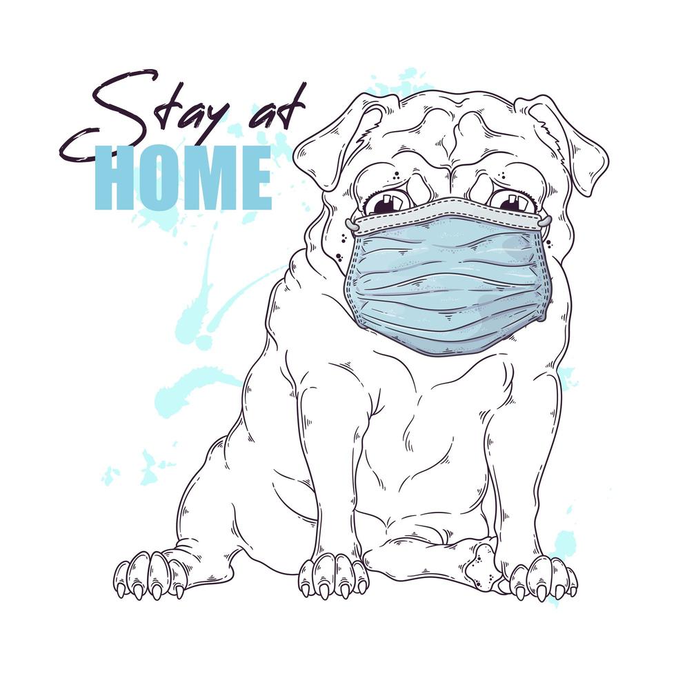 hand getekend portret van de pug dog in een medische maskervector. vector