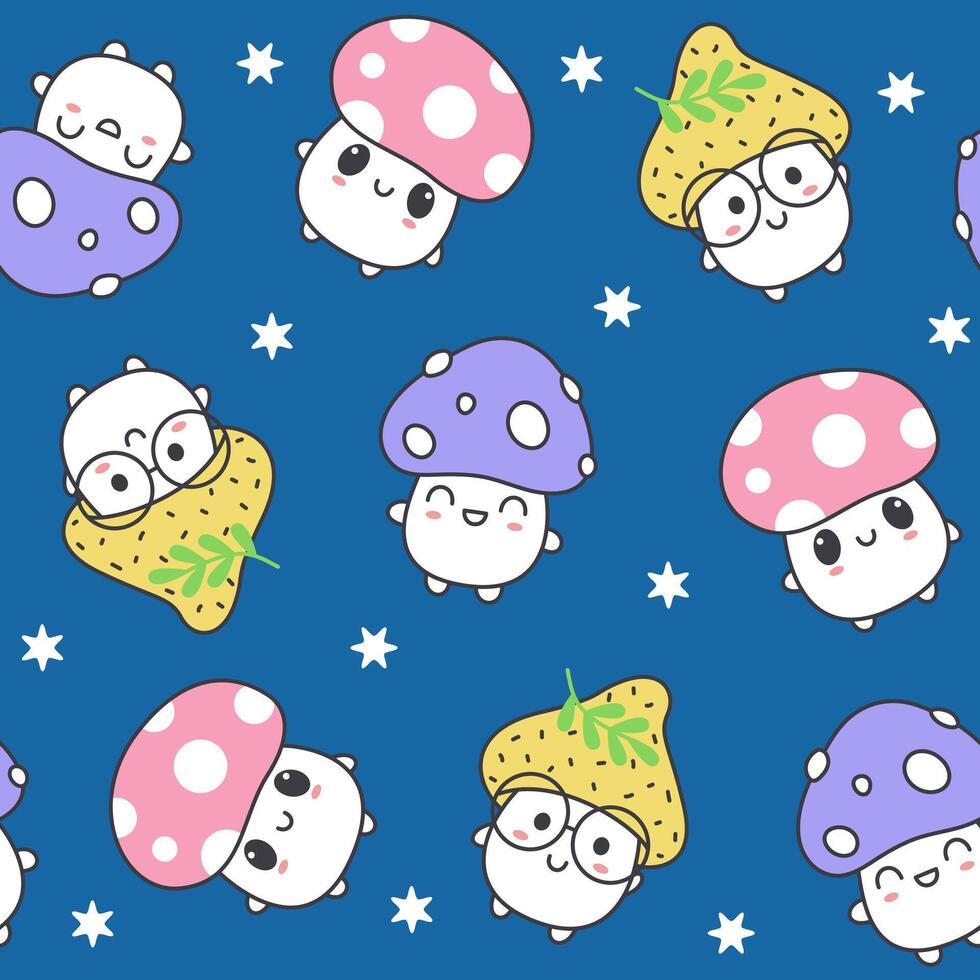 naadloos patroon van kawaii schattig champignons Aan een donker achtergrond. vector kinderen illustratie voor textiel, achtergrond