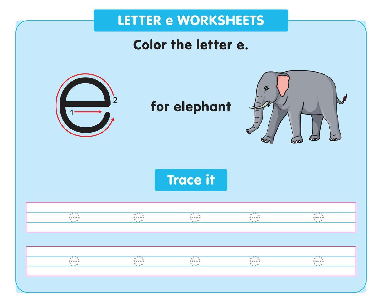 alfabet traceren werkblad met klein brief e vector