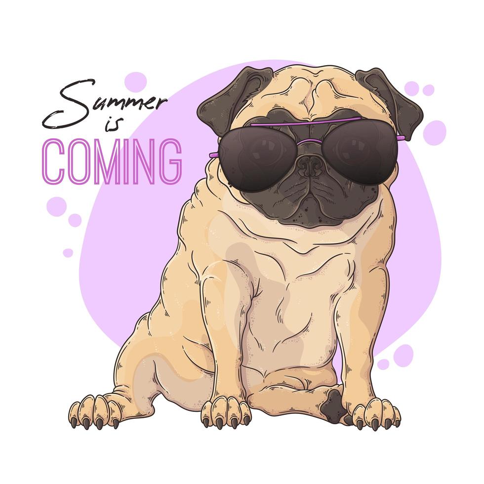 hand getekend portret van de pug dog in schattige glazen vector. vector