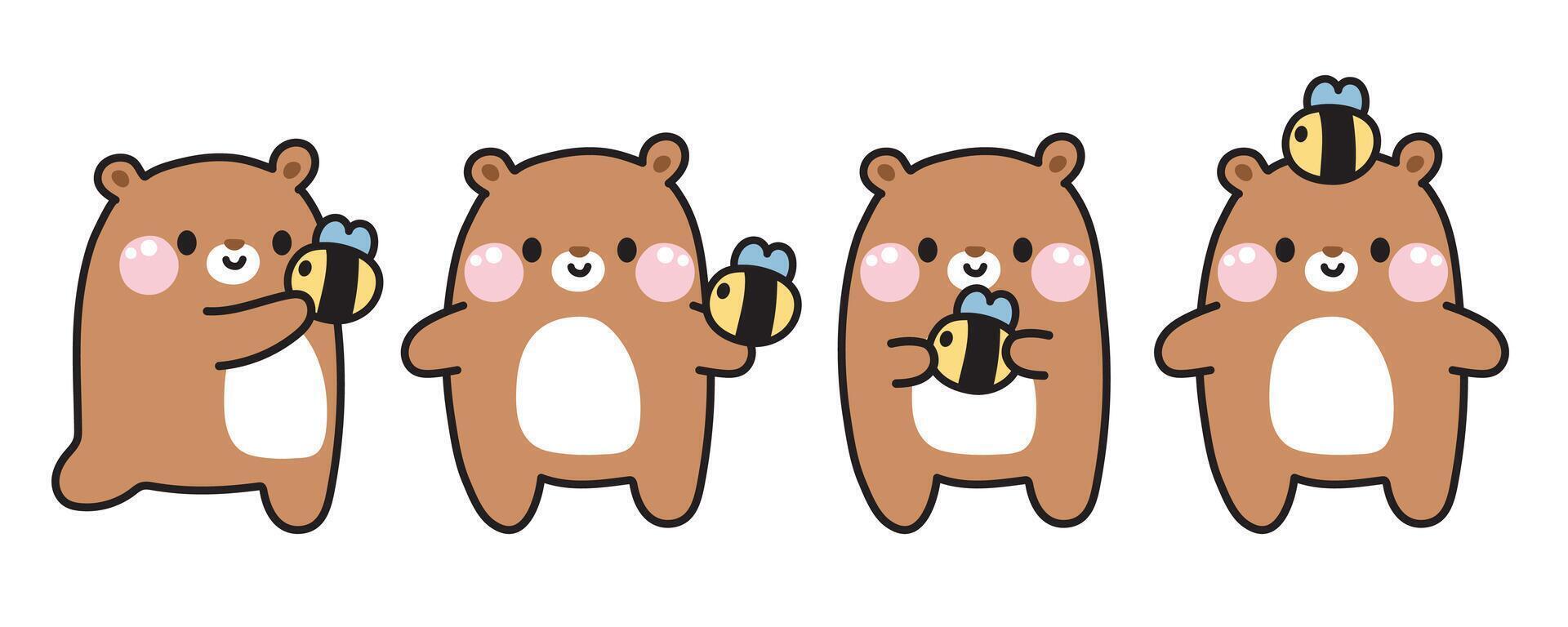 reeks van schattig teddy beer met bij in divers poses Aan wit achtergrond.wild dier karakter tekenfilm ontwerp collectie.kid grafische.kawaii.vector.illustratie vector