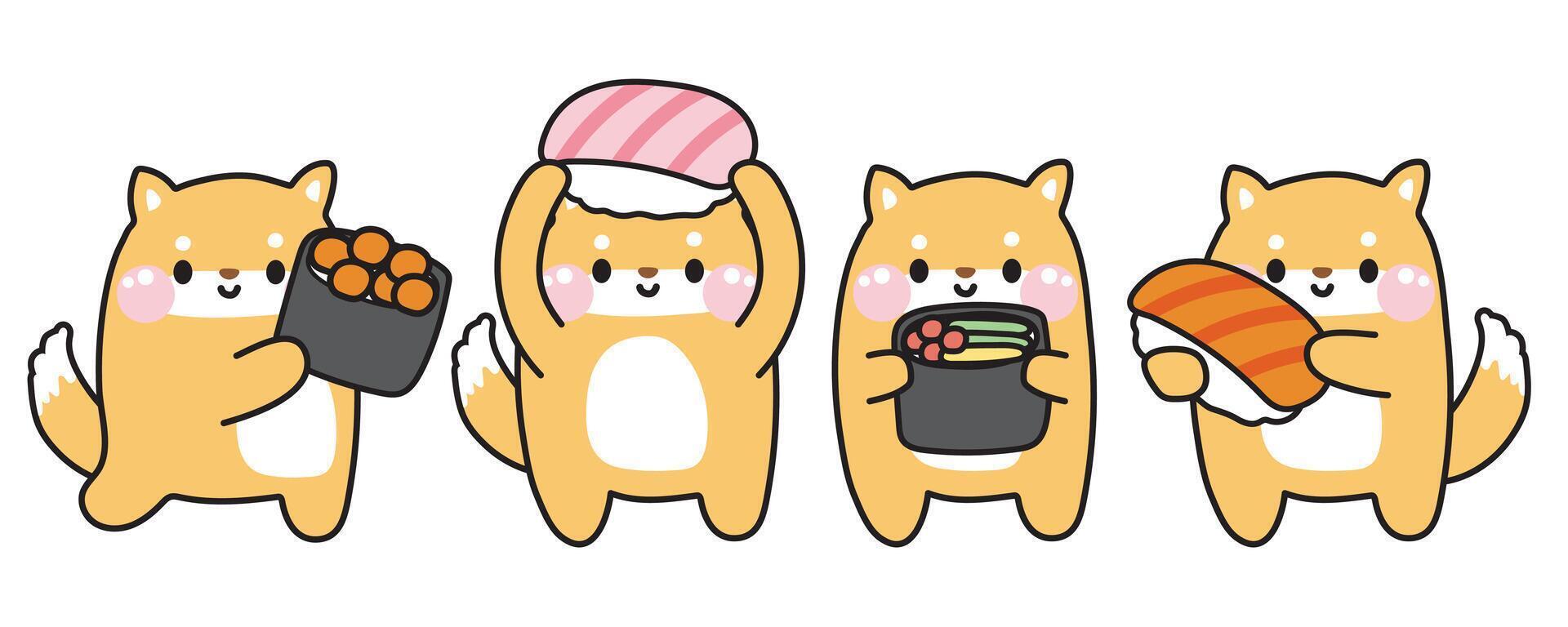 reeks van schattig shiba inu hond met sociaal in divers poses Aan wit achtergrond.japans huisdier dier karakter tekenfilm ontwerp collectie.geïsoleerd.aziatisch voedsel.kawaii.vector.illustratie. vector