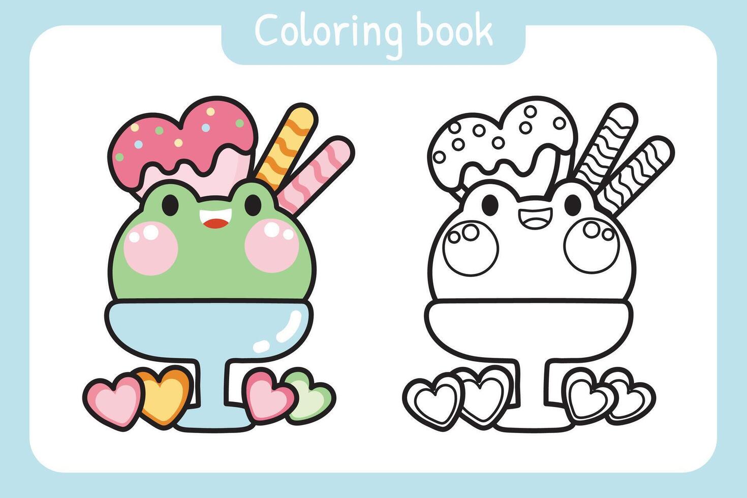 kleur boek.schilderij boek voor kind.schattig kikker gezicht ijs crème.reptiel dier karakter tekenfilm ontwerp.sweet en toetje hand- getekend.school student.kunst.kawaii.vector.illustratie. vector