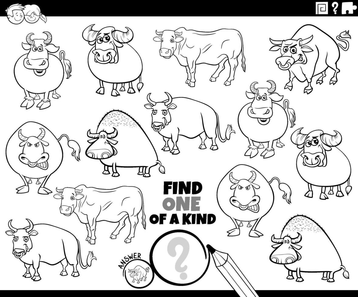 een van een soort spel met tekenfilm stieren boerderij dieren kleur bladzijde vector
