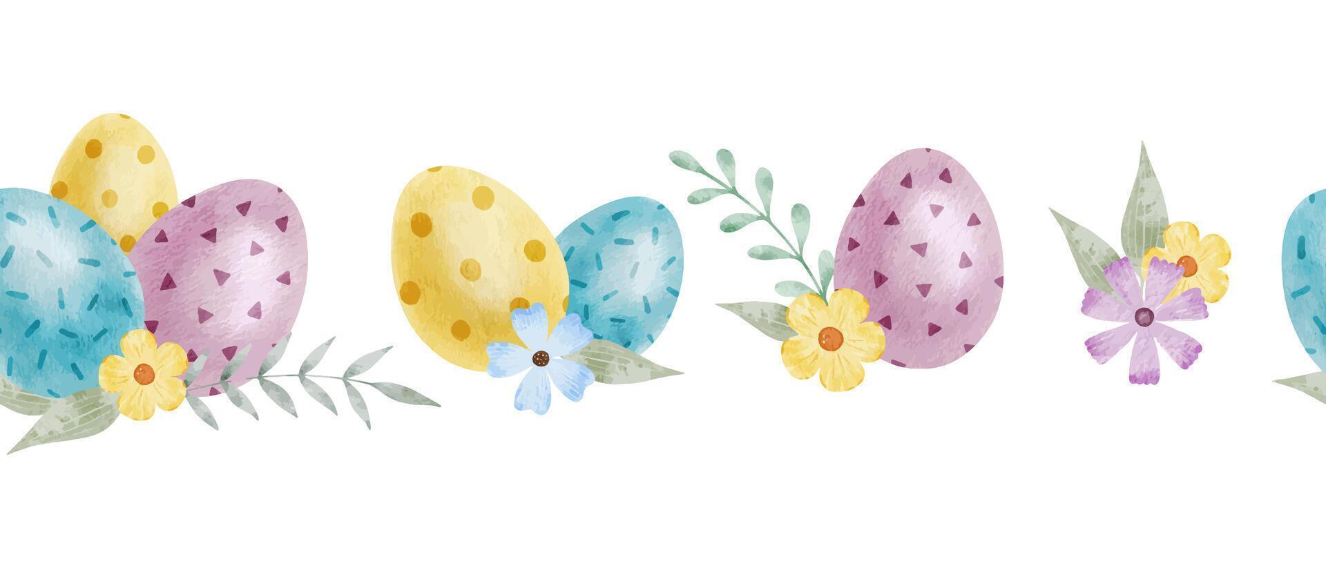 schattig kleurrijk Pasen eieren, bloemen en bladeren. voorjaar naadloos grens van met Pasen eieren met pastel kleuren. geïsoleerd waterverf illustratie. sjabloon voor Pasen kaarten, dekt, affiches, uitnodigingen vector