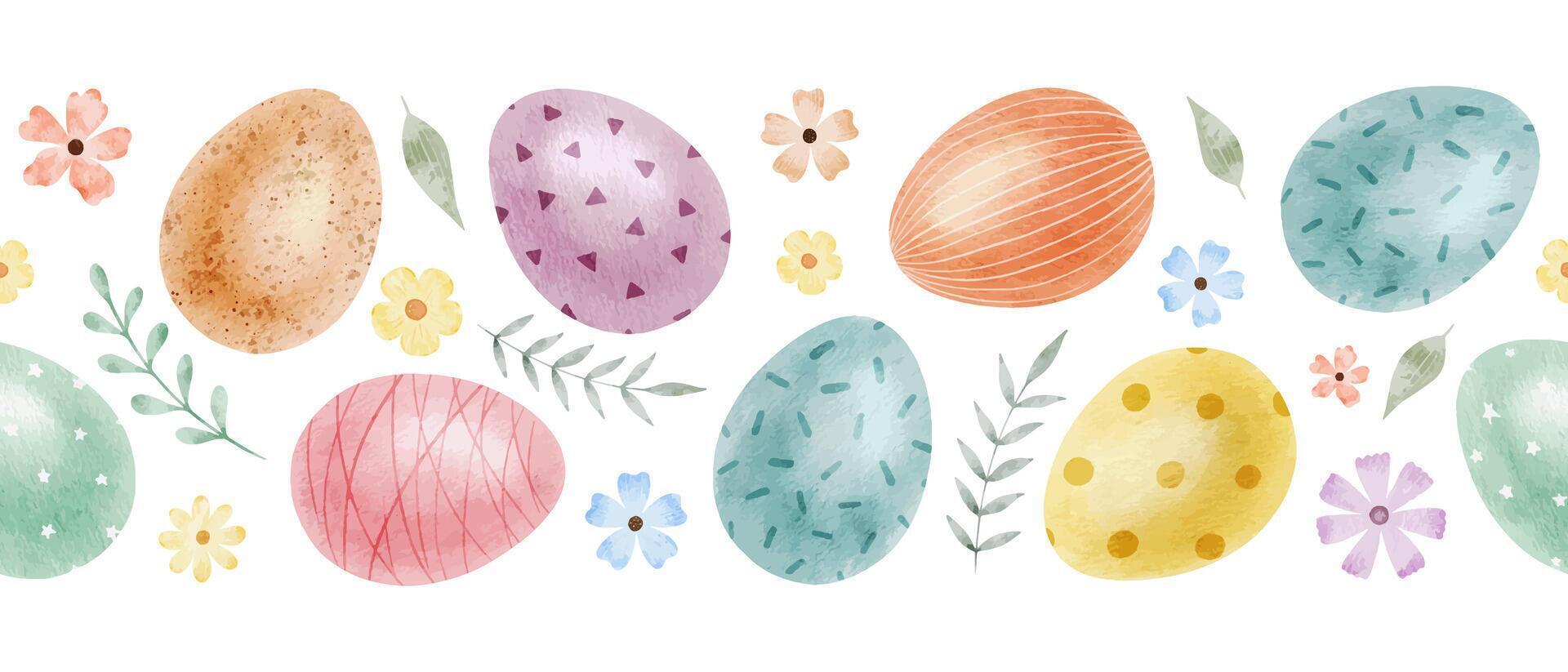 schattig kleurrijk Pasen eieren, bloemen en bladeren. voorjaar naadloos grens van met Pasen eieren met pastel kleuren. geïsoleerd waterverf illustratie. sjabloon voor Pasen kaarten, dekt, affiches, uitnodigingen vector