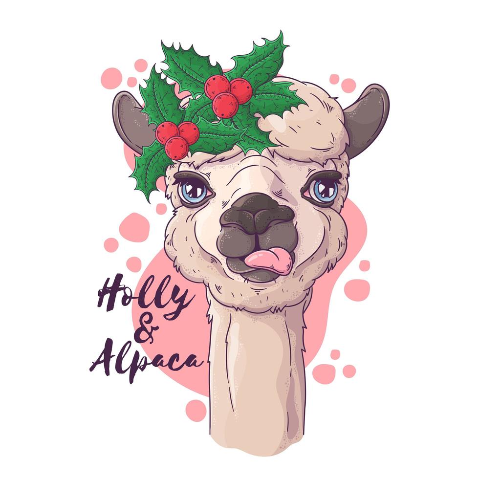 hand getekend portret van kerst alpaca vector. vector