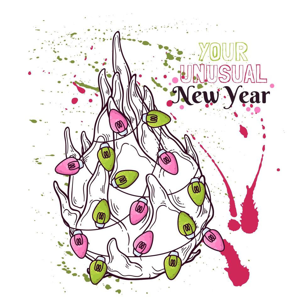 vector handgetekende drakenfruit zijn versierd met lantaarns van het nieuwe jaar.