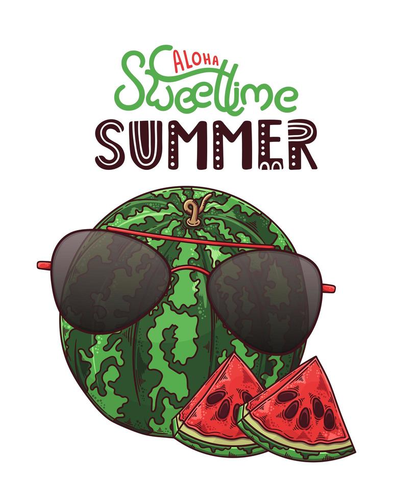 vector hand getekende watermeloen. belettering aloha zoete tijd zomer.