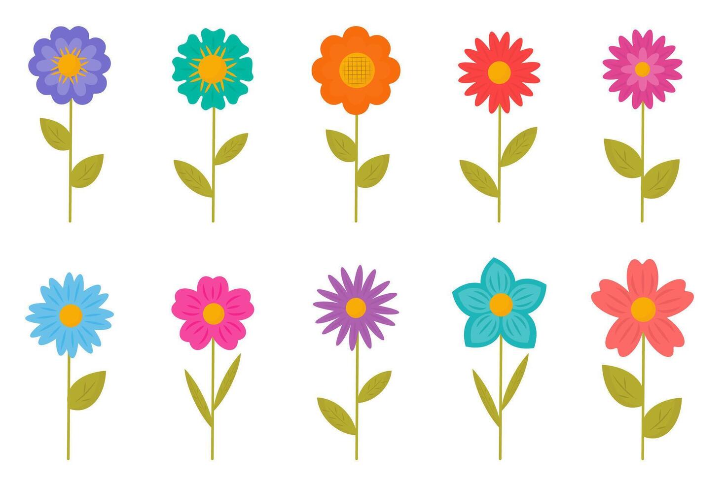 bloemen verzameling in tekenfilm stijl. kleurrijk schattig voorjaar bloem geïsoleerd Aan wit. bloemen botanisch illustratie, hand- getrokken gemakkelijk, vector elementen. voorjaar bloesem, bloeiend.