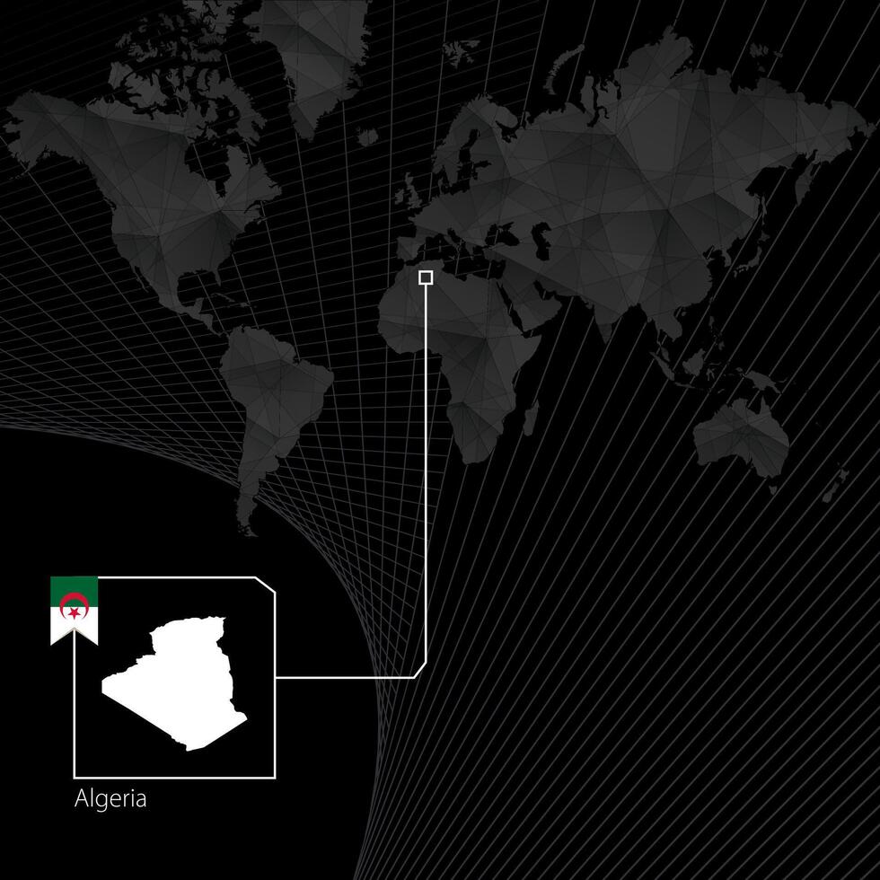 Algerije Aan zwart wereld kaart. kaart en vlag van Algerije. vector