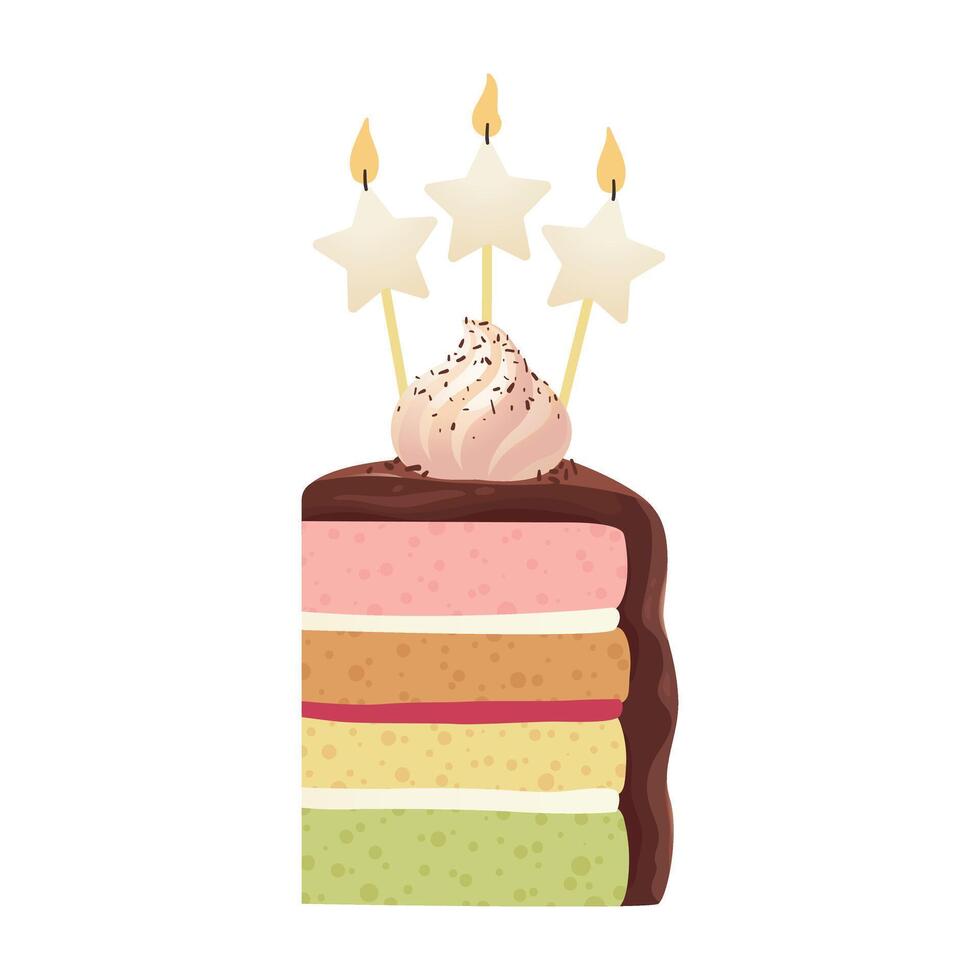 plak van verjaardag taart met kaarsen. stuk van taart voor gelukkig verjaardag groet kaart, sticker, banier, en ansichtkaart. vector illustratie geïsoleerd Aan een wit achtergrond.