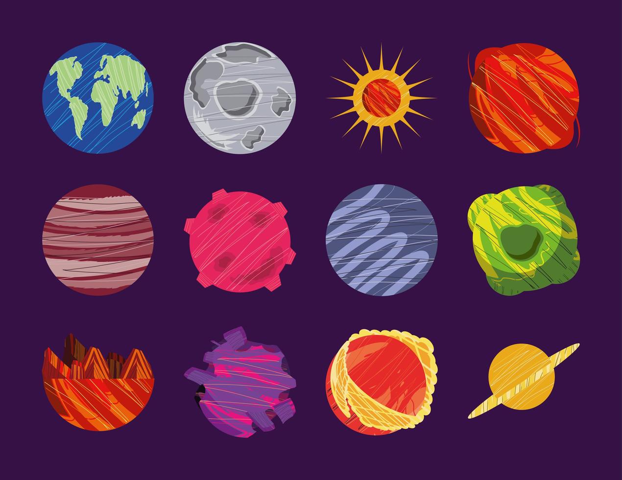 ruimte planeet komeet maan zon aarde saturnus icon set vector