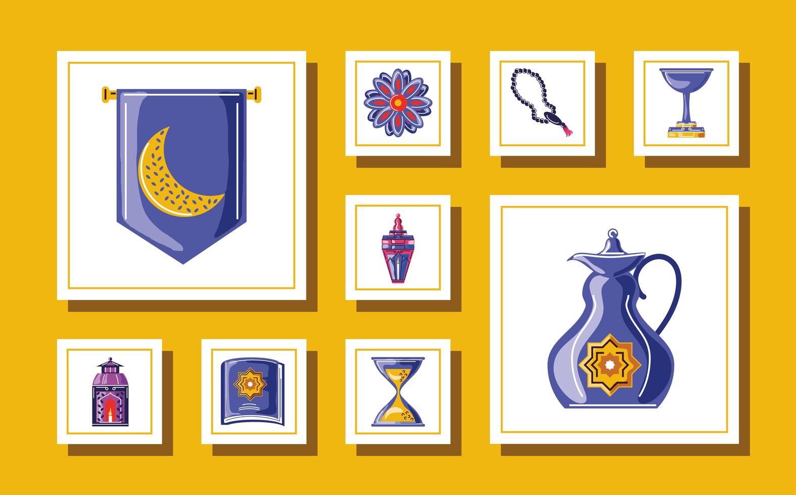 stel ramadan kareem in met rozenkrans waterkoker beker heilige koran boekpictogrammen vector