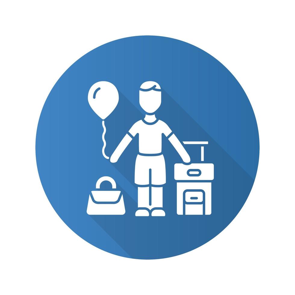 immigrant kind blauw plat ontwerp lange schaduw glyph pictogram. kind naar het buitenland reizen. toeristische reis. vakantie, toerisme. reiziger met luchtballon, handbagage en koffer. vector silhouet illustratie